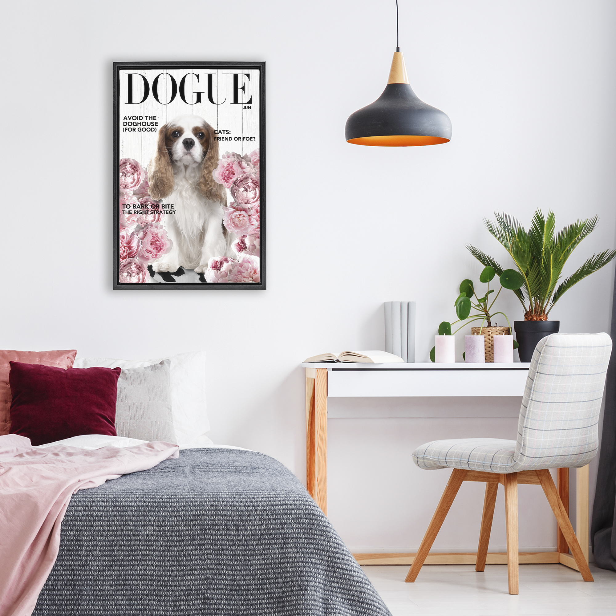 Funny Floral Dog Magazine Black Framed Floater Canvas Wall Art, design by Sasha