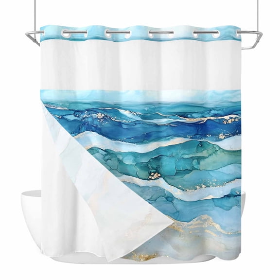 No Hook Shower Curtains with Snap-in Liner Set, Teal Blue Ombre Waterproof Hotel Style Bathroom Shower Curtain, Modern Coastal Ink Painted Abstract Breathable Mesh Top Window Bath Curtains 66''x72''