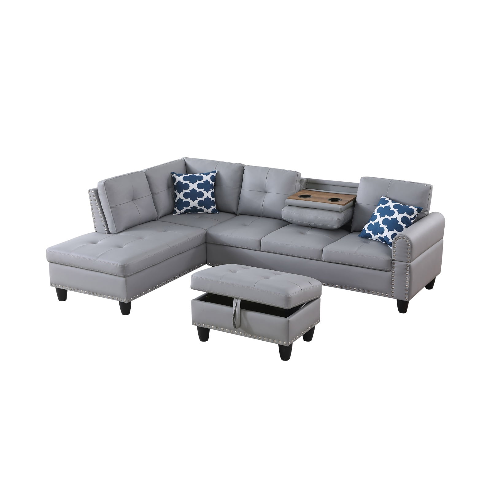 Hommoo L-Shaped Upholstered Sectional Sofa Couch with Storage & Cup Holders, Faux Leather Living Room Sofa Set, With Ottoman, Gray