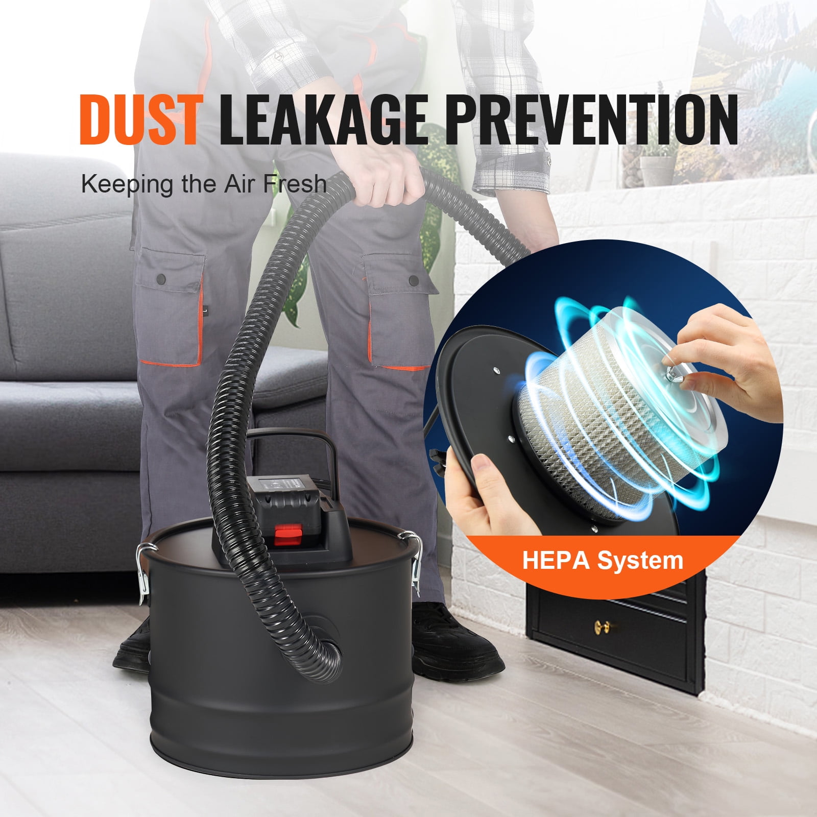 KFFKFF Ash Vacuum, 15L, Strong Suction, Reversible Airflow, 5.9 ft Cord, 10 Kpa Vacuum Power, Ideal for Fireplaces, Pellet & Wood Stoves, Black