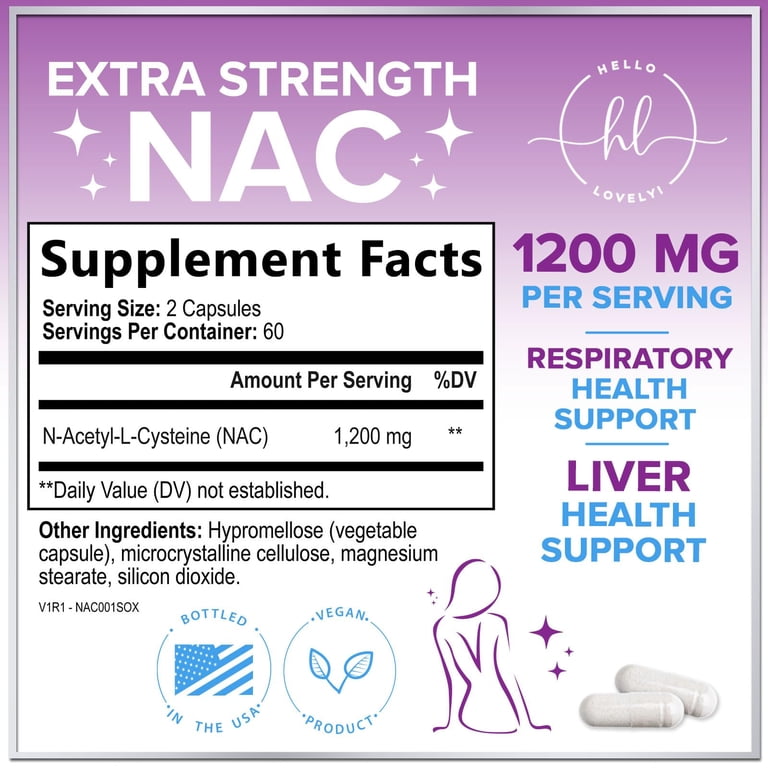 Hello Lovely NAC Supplement, 1200mg per Serving, 120 Capsules, Gluten-Free,  Bottled in USA