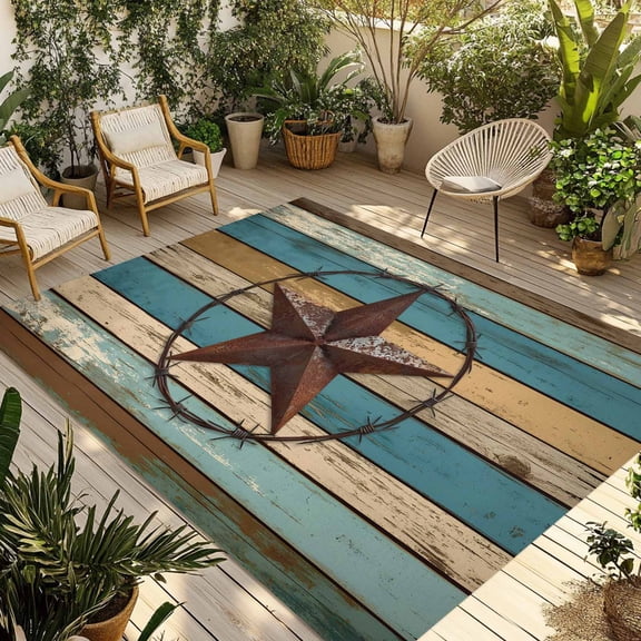 Fsddascl Texas Star Outdoor Rug for Patio/Deck/Porch, Non-Slip Large Area Rug 5 x 8 Ft, Teal Brown Stars Vintage Wooden Indoor Outdoor Rugs Washable Area Rugs, Reversible Camping Rug Carpet Runner