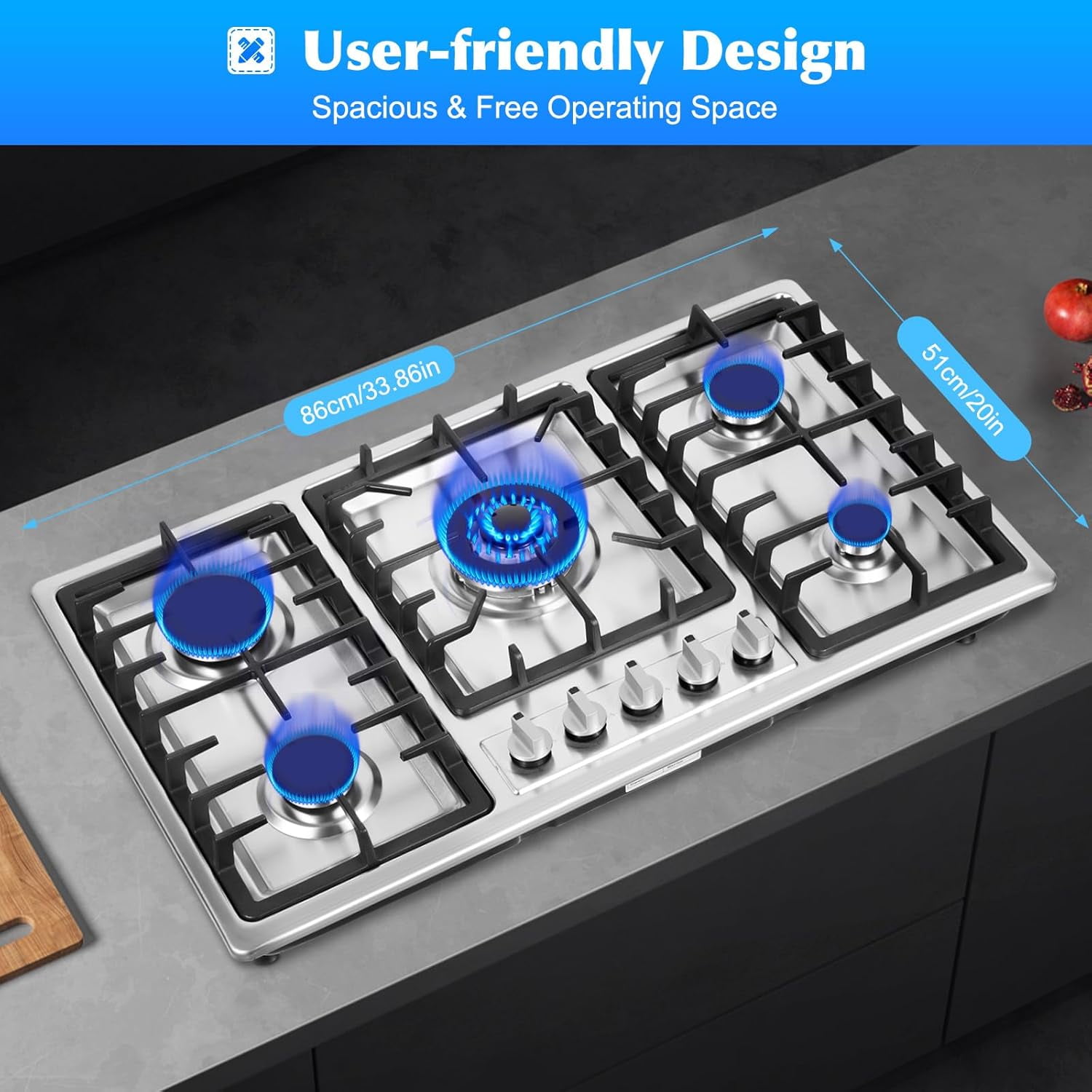 5 Burners Gas Stove 33.86" Built-In Stove Top Gas Cooktop Kitchen Easy To Clean Gas Cooking, Cooktop Cooking Stainless Steel Gas Propane Stove