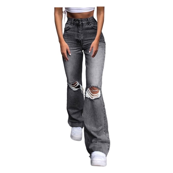 Baberdicy Ripped Baggy Jeans Women Pants Hole Denim Button Elastic Pocket Waist Jeans Trousers High Loose Women's Jeans Womens Jeans, A-Grey, Size: L