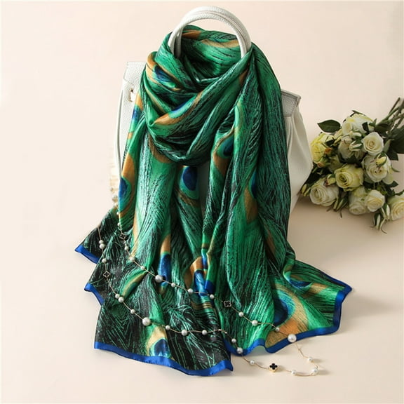 Yesbay Peacock Feather Scarves Women Silk Cover Up Scarf Beach Travel Shawl Green