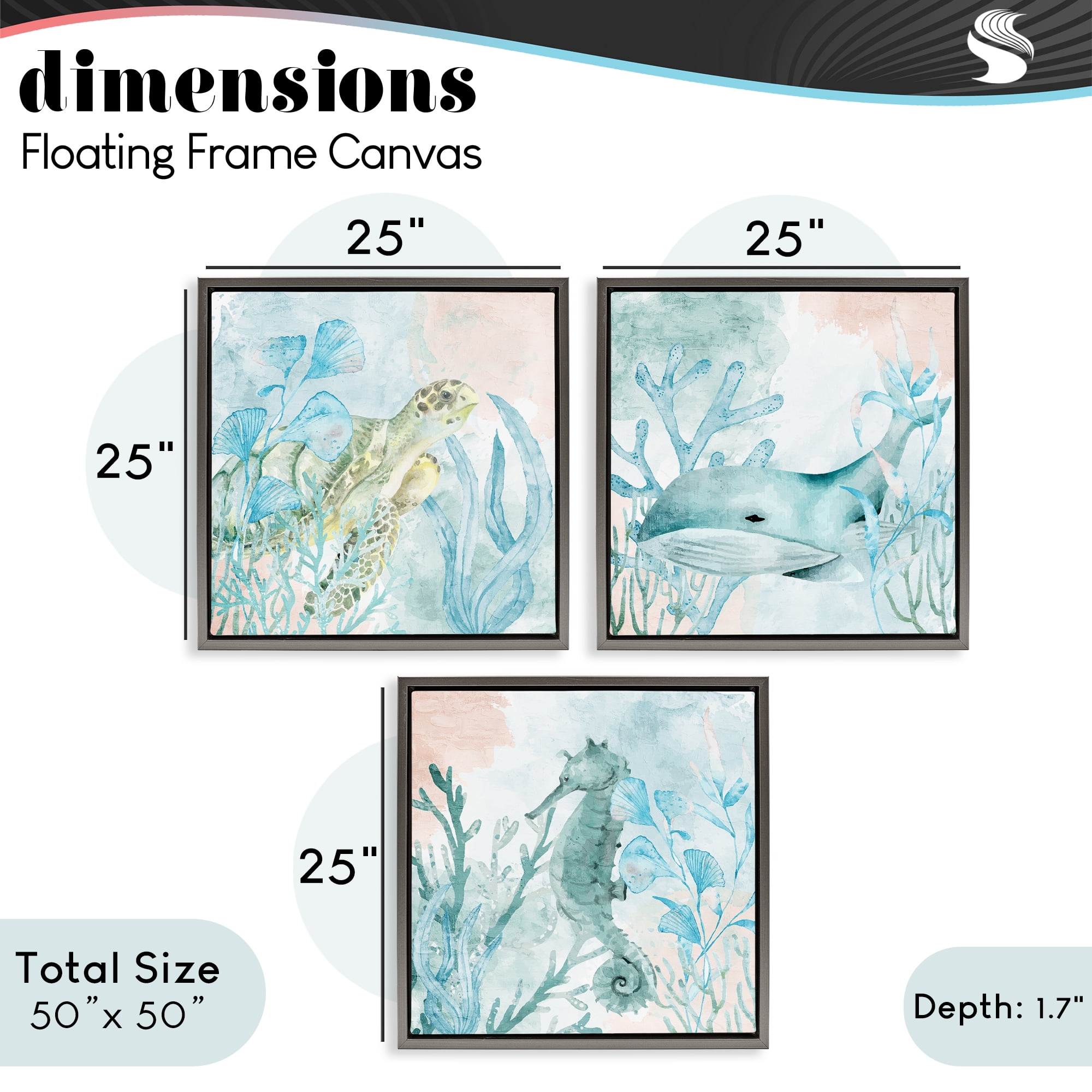 Stupell Industries Aquatic Animals Sea Swim 3 Piece Gray Framed Floater Canvas Set, design by Kim Allen