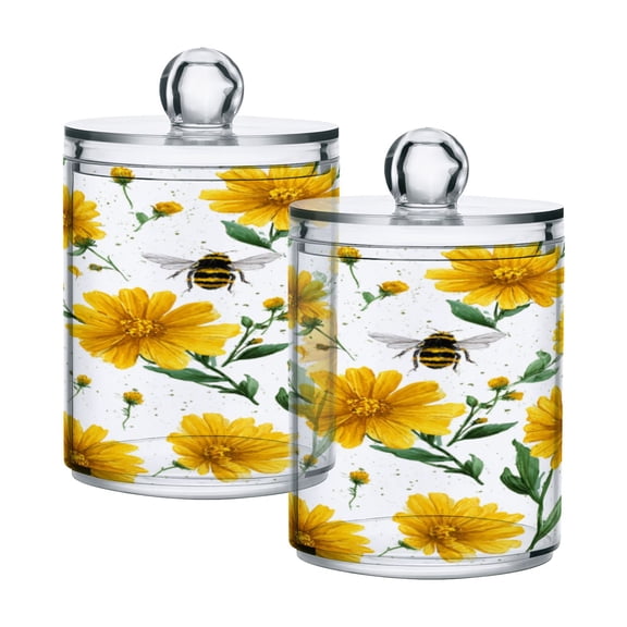 2 Pack Bathroom Canisters Transparent Storage Jar for Cotton Ball, Swab, Floss Daisies and Bees Pattern
