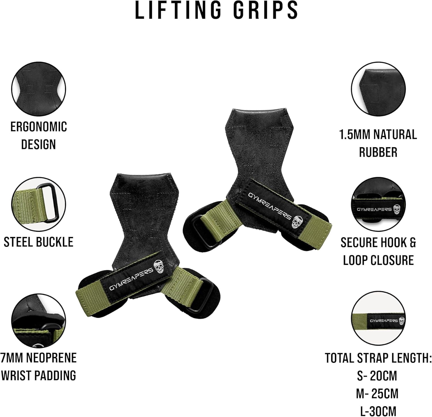 Gymreapers Weight Lifting Grips (Pair) for Heavy Powerlifting, Deadlifts, Rows, Pull Ups, with Neoprene Padded Wrist Wraps Support and Strong Rubber Gloves or Straps for Bodybuilding (Green, Medium)
