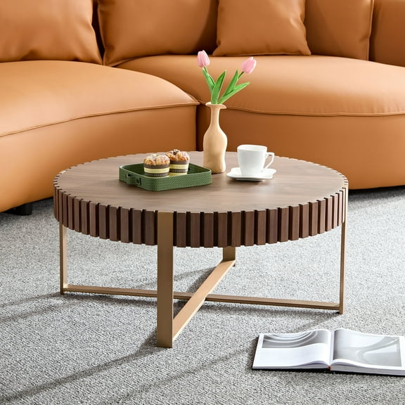 MAYEERTY 31.5 Inch Modern Handcraft Drum Coffee Table, Round Sturdy Pedestal Small Table for Living Room, Walnut