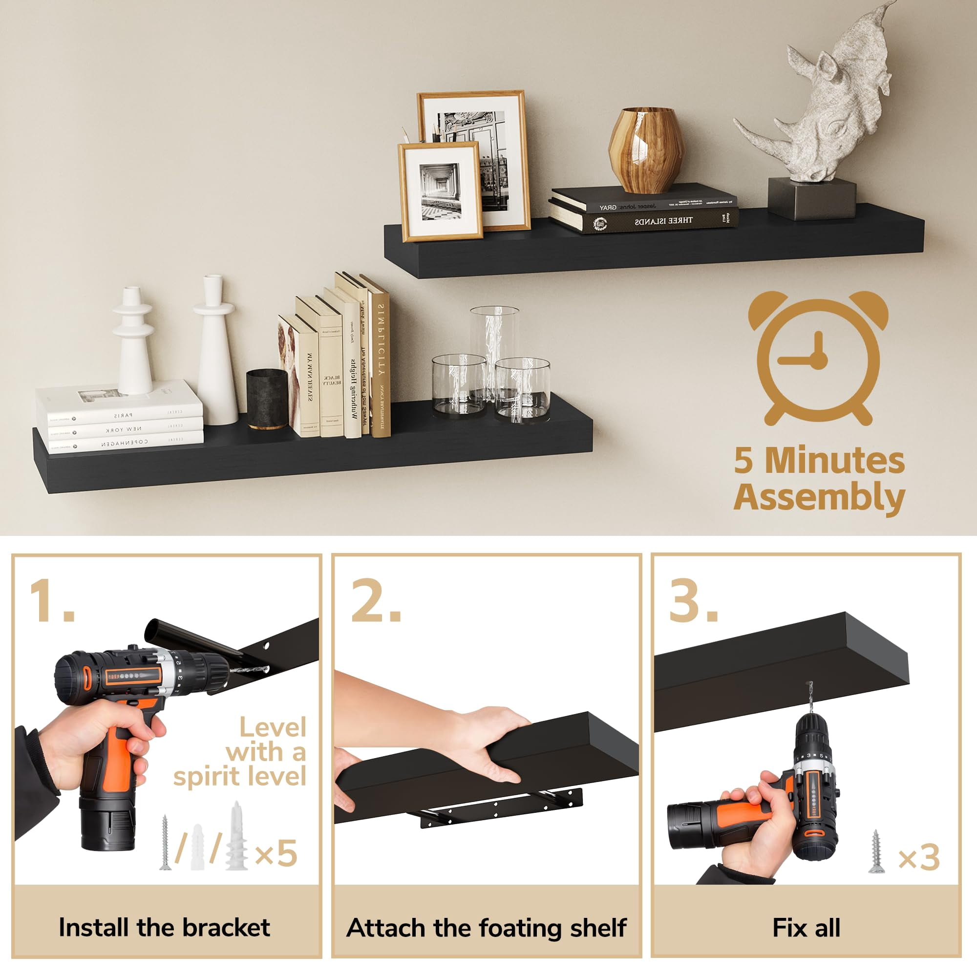 Floating Shelves Wall Mounted Wooden With Invisible Brackets Set Of 2  Hanging Decor For Bedroom Bathroom Living Room And Kitchen