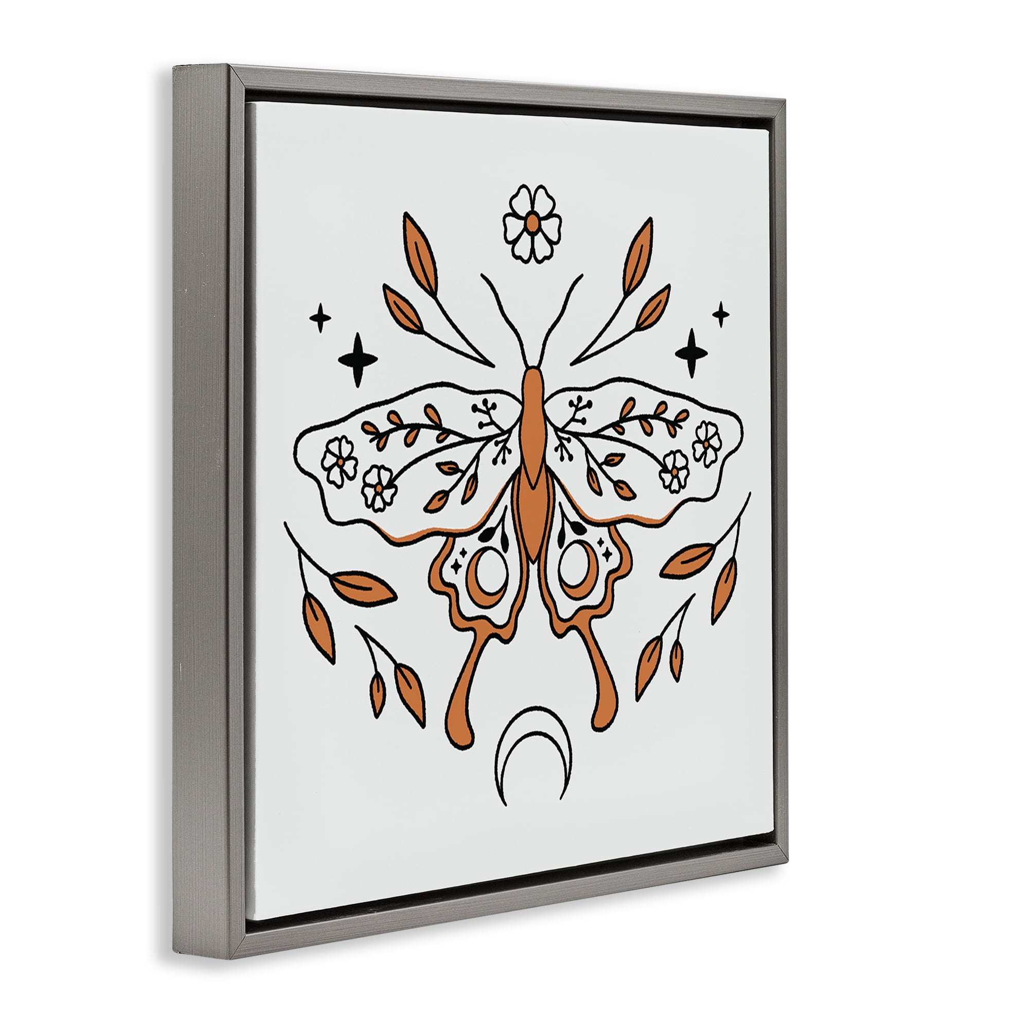 Stupell Industries Celestial Floral Moth Animals Painting Gray Floater Framed Canvas Art Print Wall Art, 25 x 25