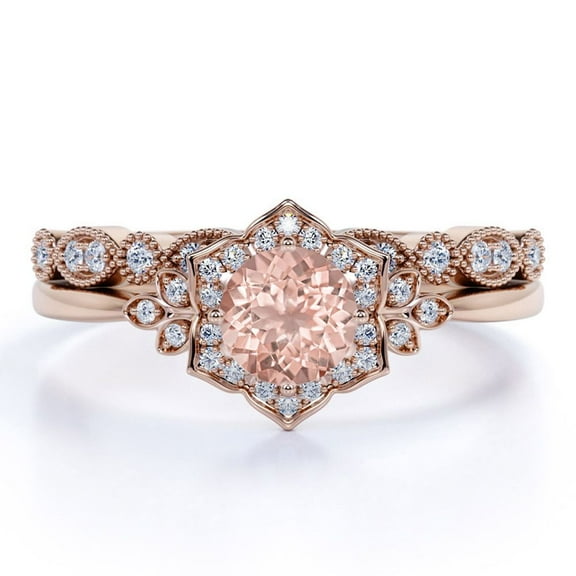 JeenMata 1.50 Carat Round Cut created morganite Wedding Set - Bridal Set - Wedding Trio Set - Anniversary Ring - Art Deco Ring - 18k Rose Gold Over Silver