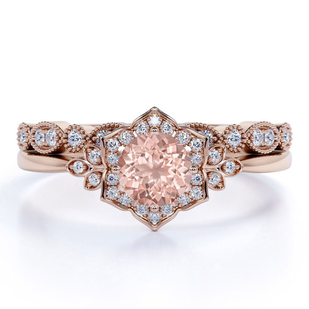 JeenMata 1.50 Carat Round Cut created morganite Wedding Set - Bridal Set - Wedding Trio Set - Anniversary Ring - Art Deco Ring - 18k Rose Gold Over Silver