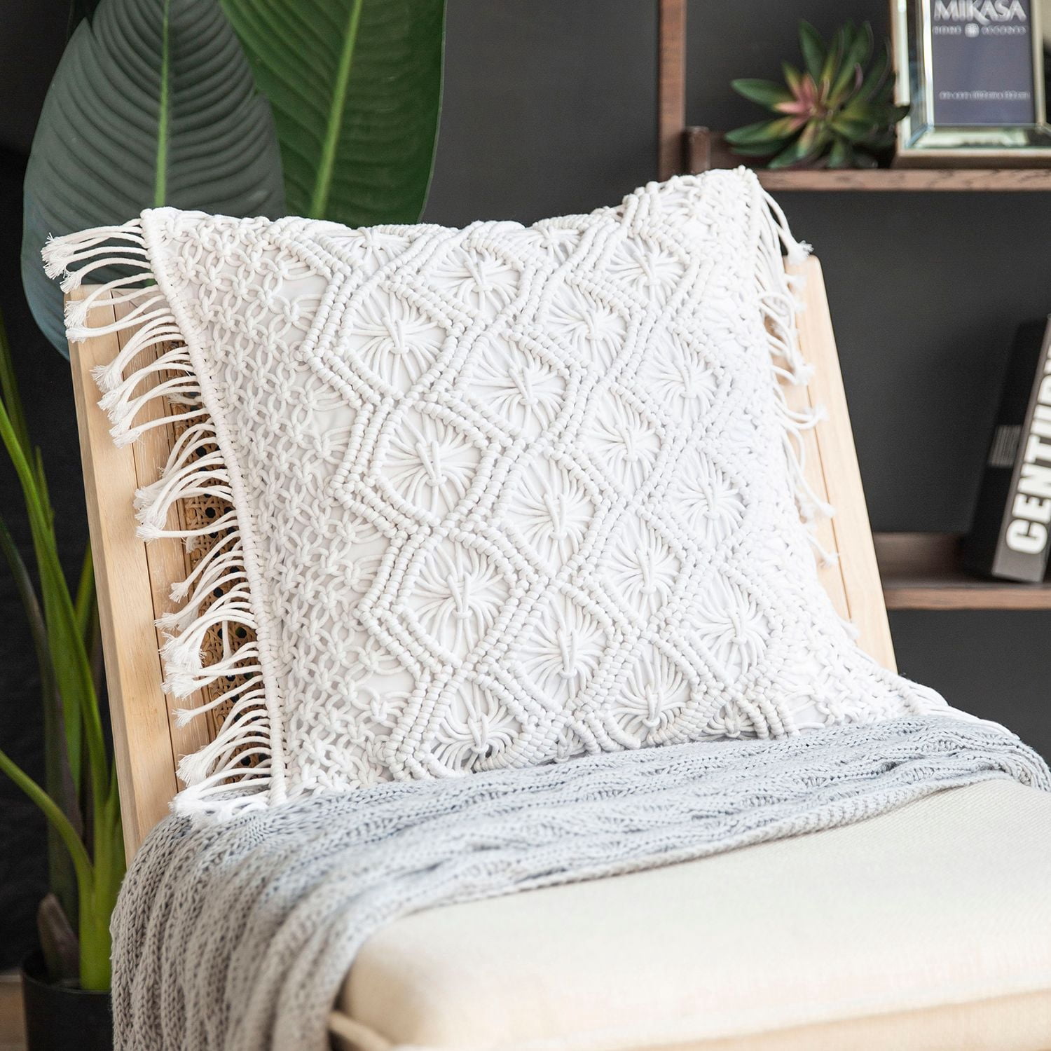 Phantoscope 100% Cotton Handmade Crochet Woven Checked Throw Pillows, 18 x 18 in Square Cushions with Tassels, Boho Style, Pure White, 2 Pack