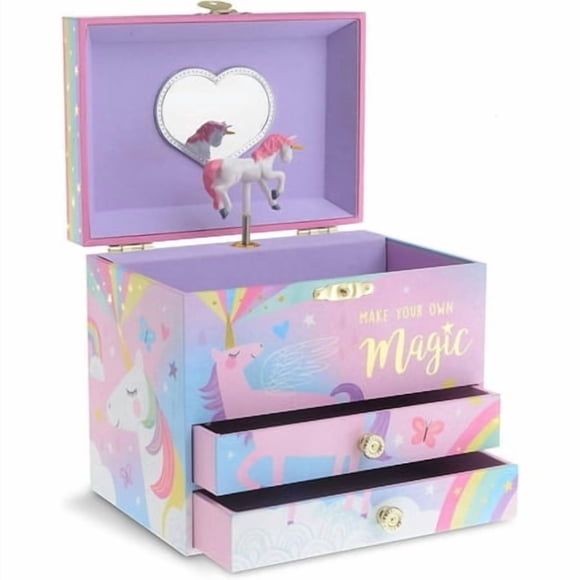 Jewelkeeper Boîte à Bijoux pour Filles avec 2 Tiroirs, Boîtes à Bijoux Musicales Unicorn en Barbe à Papa, Belle Mélodie de Rêveuse et Poupée Unicorn Tournante