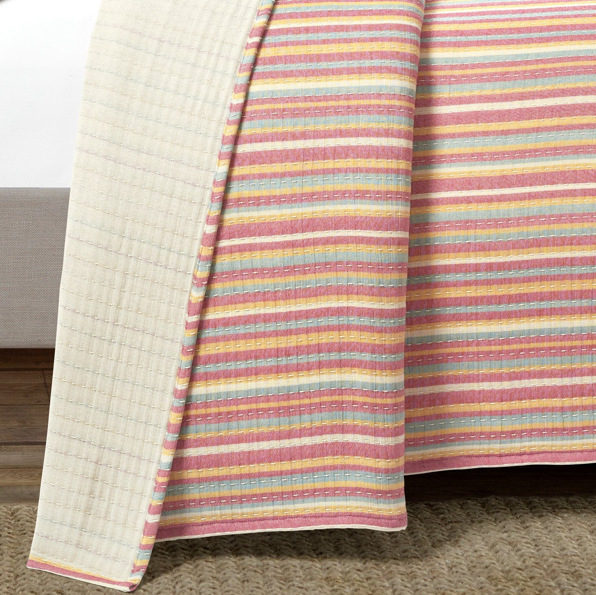 Lush Decor 100% Cotton Tracy Stripe Pick stitch Kantha Yarn Dyed Cotton Woven Quilt/Coverlet Rust/Yellow 3Pc King