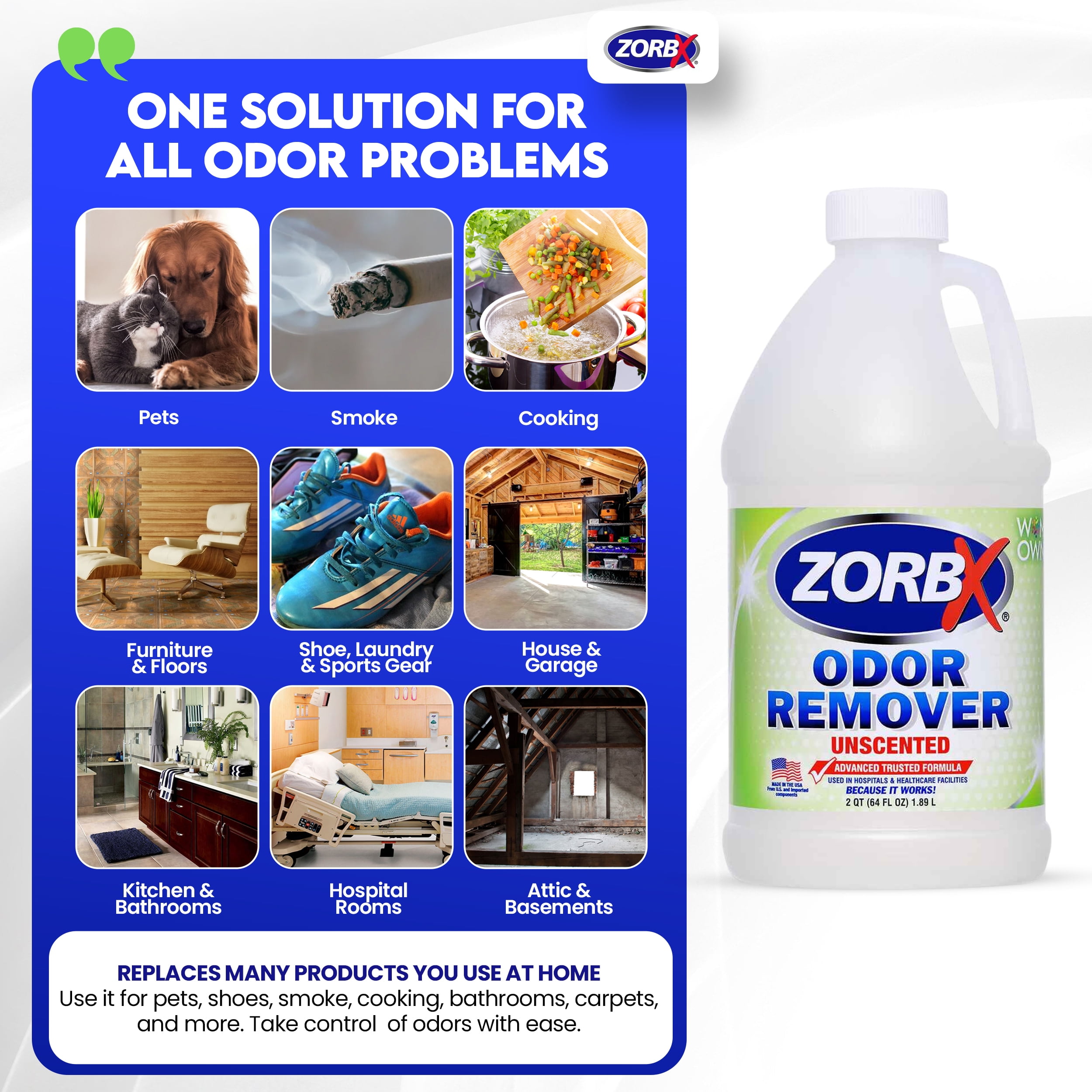 ZORBX Unscented Odor Eliminator Spray for Hospitals & Healthcare – Dog, Cat, Car & Carpet Deodorizer (64 oz)