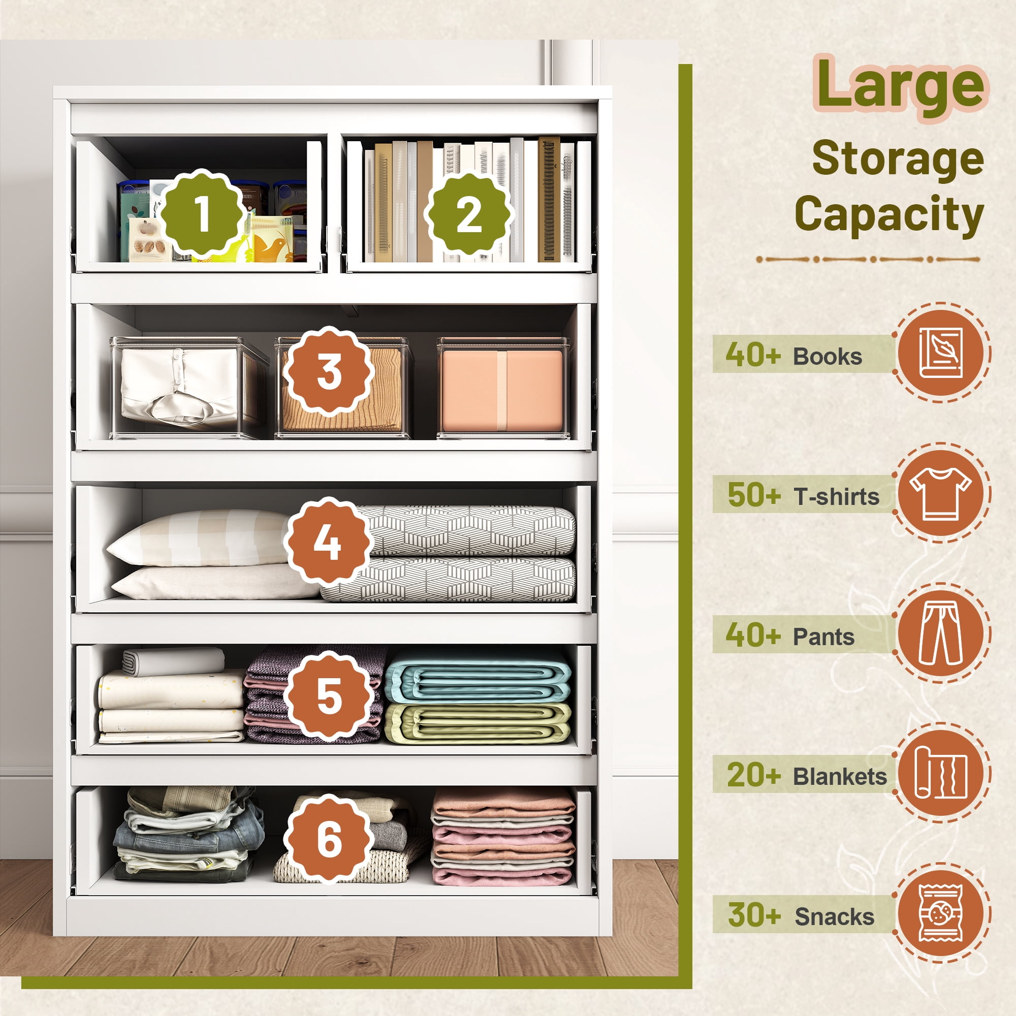 6 Drawer Dresser for Bedroom,Tall Dresser With Deep Drawers,White Wood Chest of Drawers for Bedroom,Hallway,Living Room,Smooth Metal Rail,Modern,43.2"H X 27.6"W X15.6"D