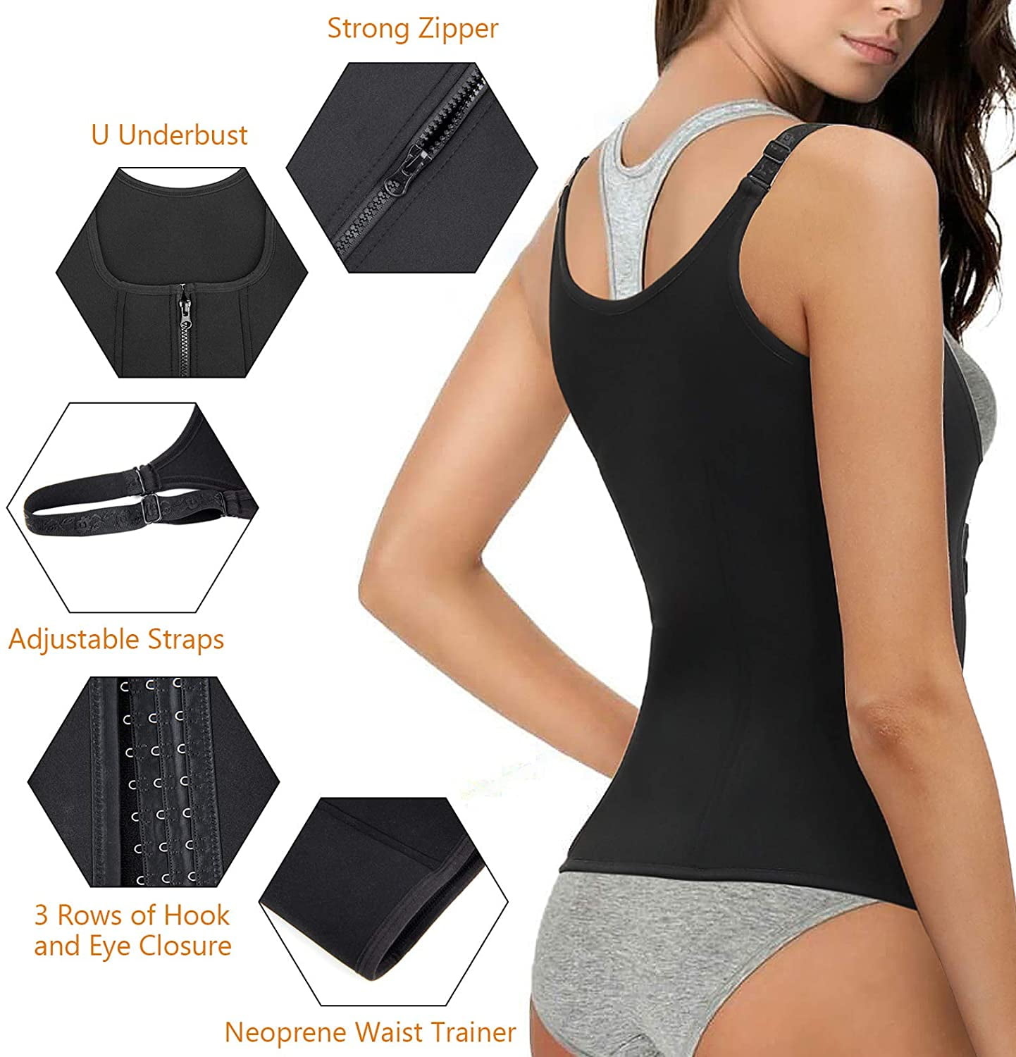 Vaslanda Sweat Waist Trainer for Women Neoprene Sauna Tank Top Zipper Vest Workout Sport Double Compression Girdle