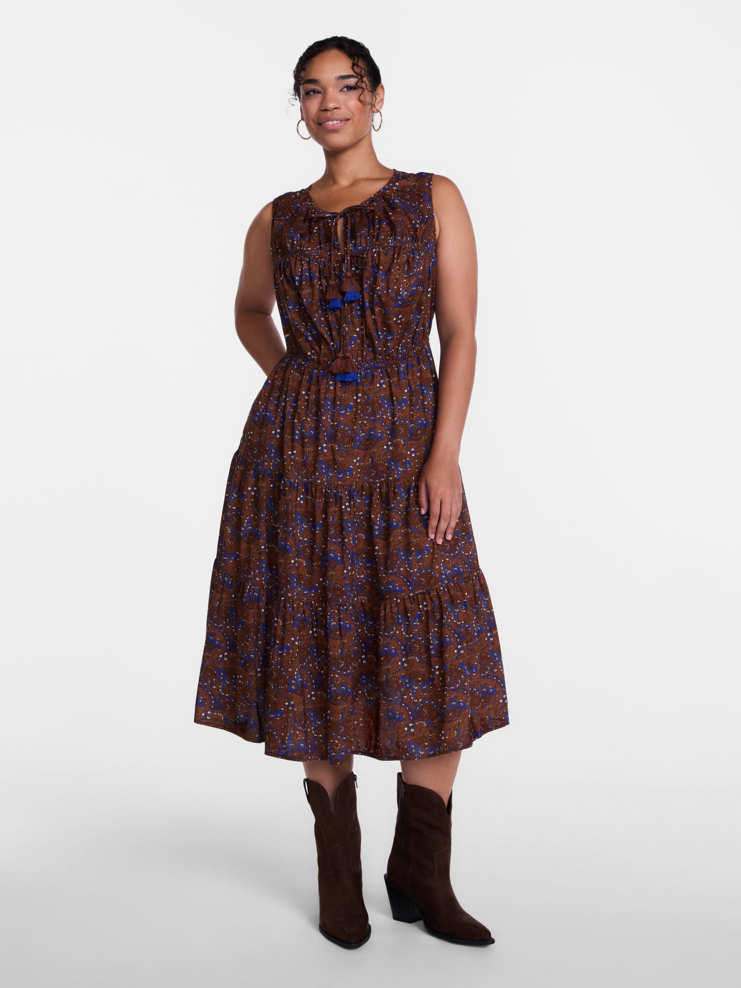 Scenario Women's and Women's Plus Sleeveless Tie Neck Tiered Midi Dress, Sizes XS-4X