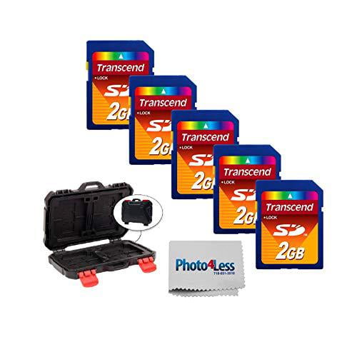 transcend 2gb sd secure digital memory card ts2gsdc (5 pack) + vivitar memory card hardcase (24 card slots) + photo4less camera and lens cleaning cloth - deluxe accessory bundle