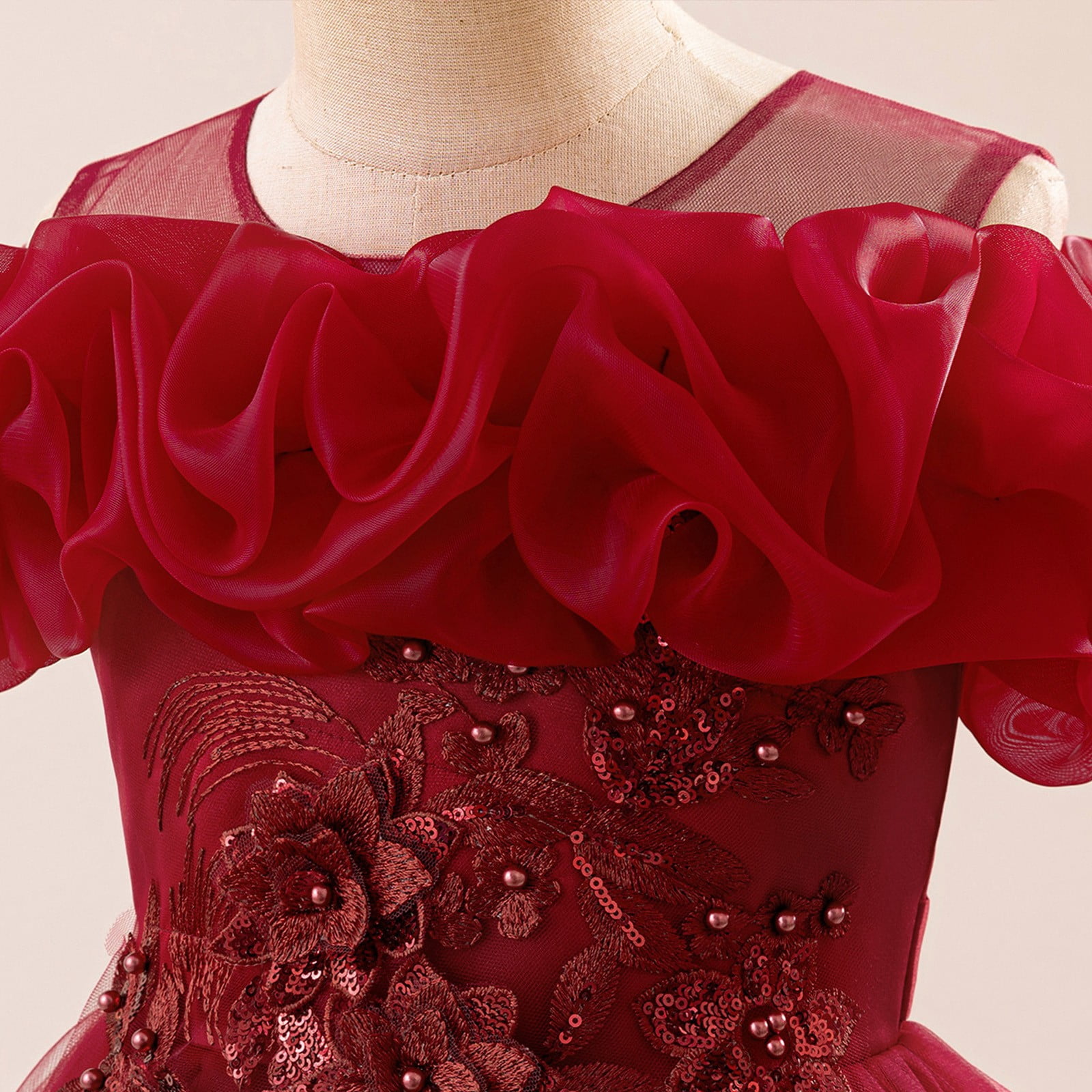 Wdgfv Elegant Off Shoulder Girls Dresses Tutu Skirt For Wedding Party Pageant Casual Wear Floral Appliques Gown Ages 7-12 Red 12 Years