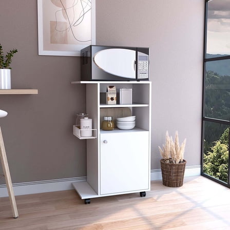Modern Kitchen Cart 39" H with Single Door Cabinet, Four Wheels, and Side Shelf