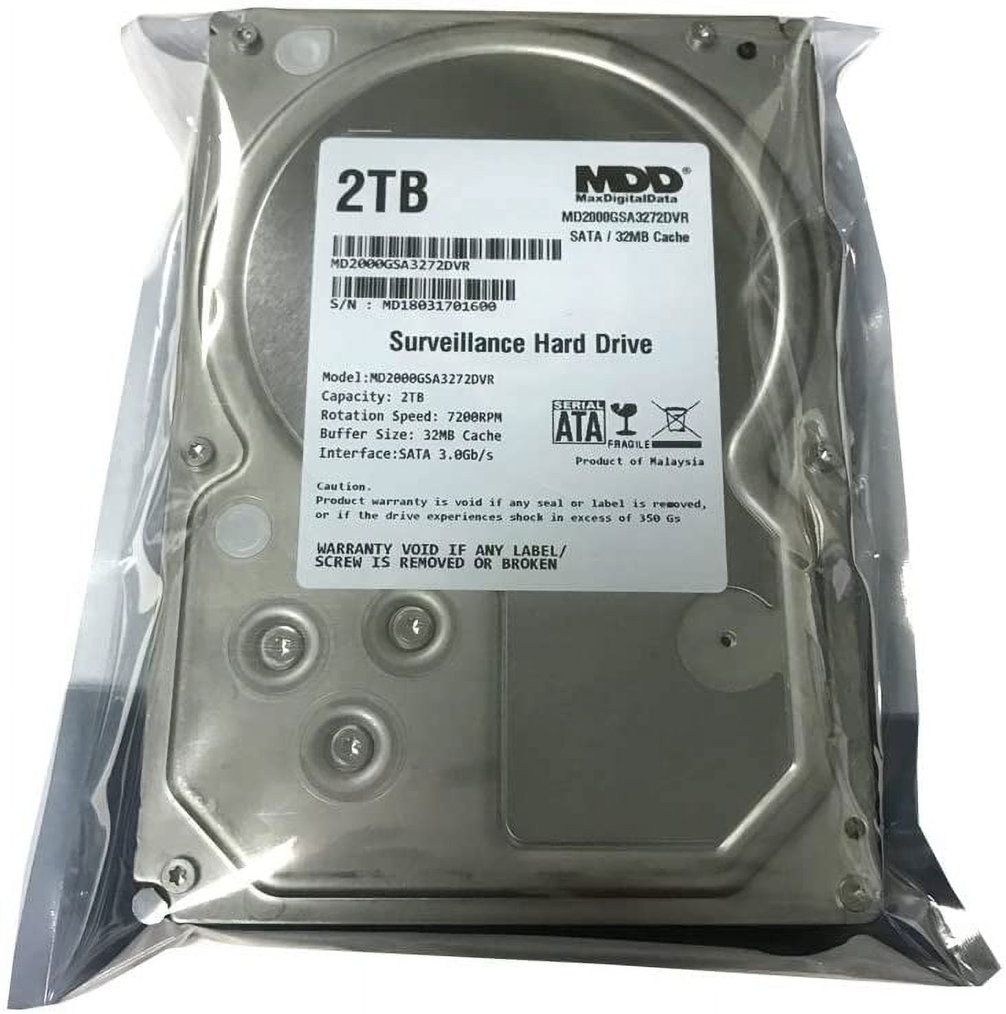 MaxDigitalData 2TB 32MB Cache 7200PM SATA 3.0Gb/s 3.5" Internal Surveillance CCTV DVR Hard Drive (MD2000GSA3272DVR) - w/ 2 Year Warranty