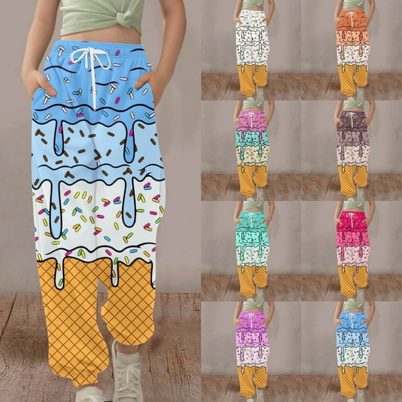 YUEHUA Little Girls Pants Ice Cream Sweatpants Taper Leg Elastic Waist Print Cute Fashion Spring Autumn Kids Sportswear Trousers, Size 6-7 Years
