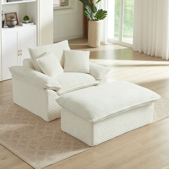Miniyam Corduroy Chaise Lounge Chair with Ottoman, Oversized Modular Sofa Bed Couch for Living Room, Bedroom or Small Spaces, White