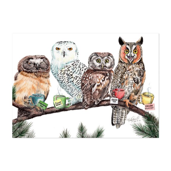 Tea Owls - Painting Bird Humor Nature Forest Unframed Wall Art Print 5 x 7 inches