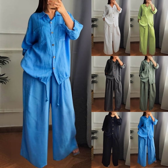 Dazajoo Women's 2 Piece Outfits Long Sleeve Button Down Shirt Wide leg Palazzo Pants Matching Set with Pockets Saving Deals,Black,XXXXL