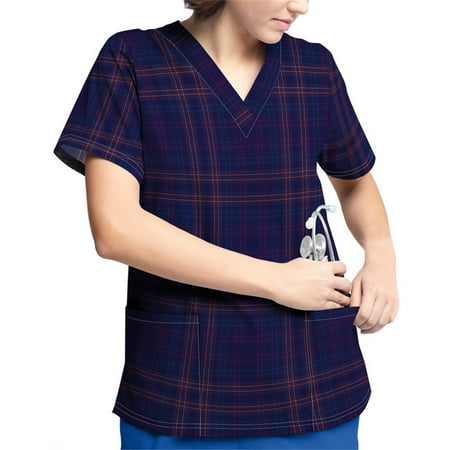 

Hanas Tops Plus Size Printed Scrub Working Uniform Tops For Women V-Neck Short Sleeve T-Shirts Workwear Tee With Pockets Purple/XXL