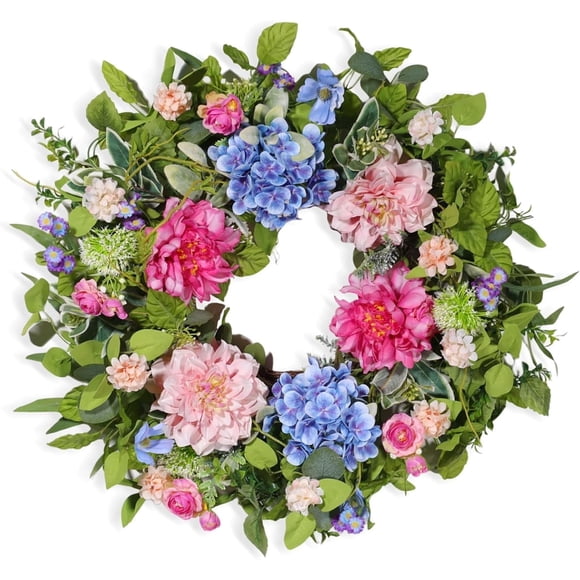 24 inch Spring Summer Wreath for Front Door, Artificial Floral Wreaths with Green Leaves Daisy Peony Hydrangea Eucalyptus for Porch Patio Garden Wall Decor,Indoor Outdoor Party Holiday Decoration