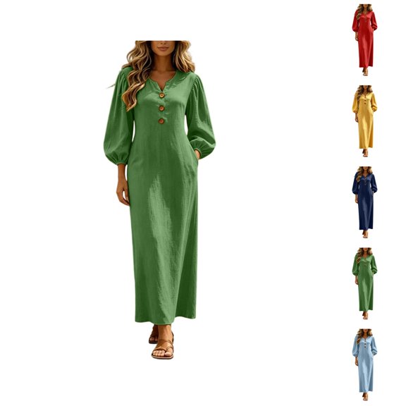 Boho Dresses for Women 3/4 Length Puff Sleeve V Neck Casual Maxi Dress with Pockets Vacation Beach Dress