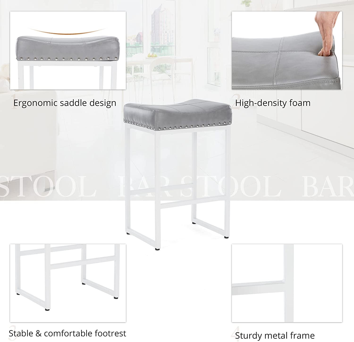 Dycanpo 24" Saddle Counter Height Bar Stools Set of 4, Modern Faux Leather, for Kitchen,Grey