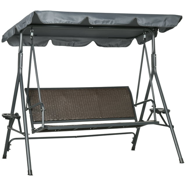 Outsunny 3-Seat Porch Swing with Canopy Outdoor Swing Chair w/ Rattan Seat