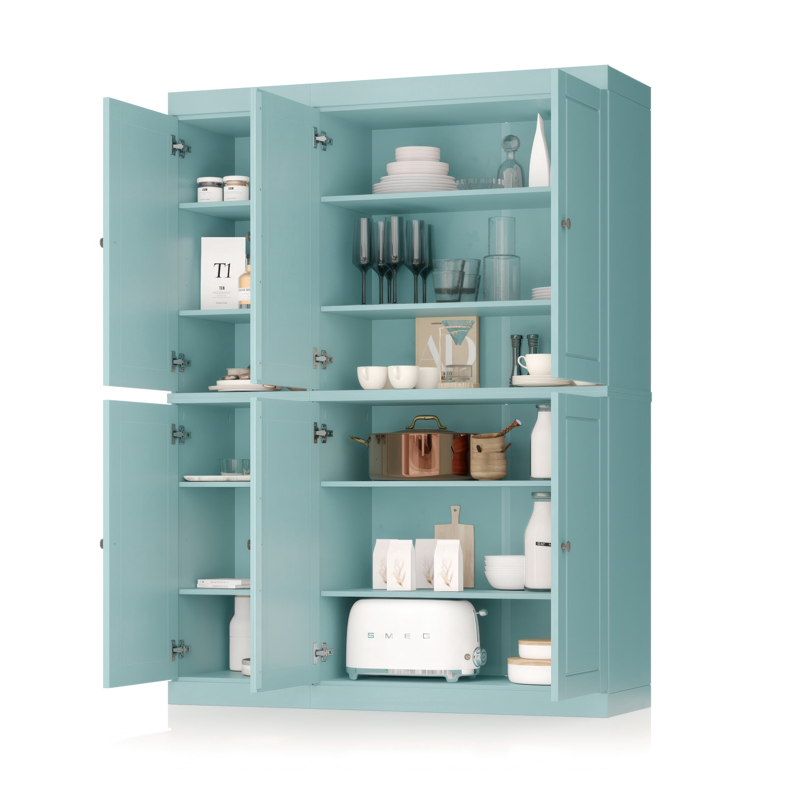 Palace Imports 100% Solid Wood Kitchen Pantry Storage Cabinet with Doors and Adjustable Shelves, 6-Door, Aqua Blue