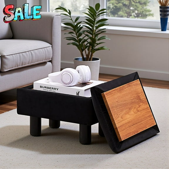 Tcbosik Small Upholstered Storage Ottoman, 300LB Weight Capacity Footrest with Non-Slip Pads, Minimalist Rectangle Low Stool for Bedroom, Dorm, Office, Living Room, Easy Assembly, Black