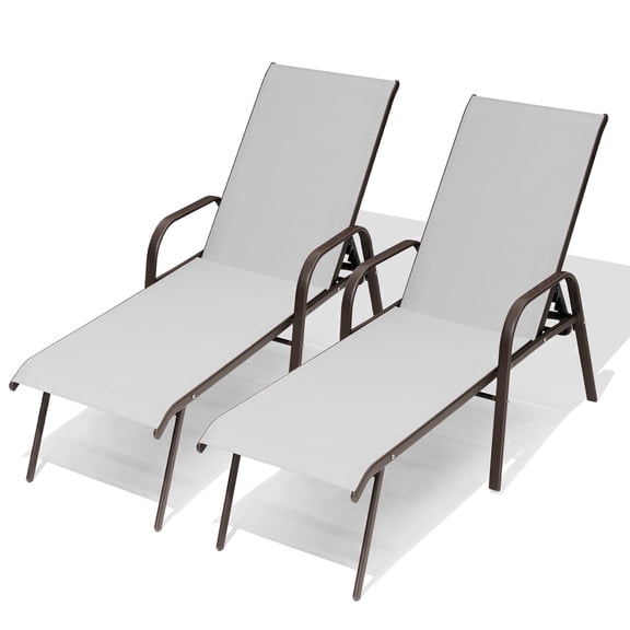 Crestlive Products Adjustable Steel Chaise Lounge Chair, 5‑Position Recliner with Rust-Resistant Frame (2PCS Light Gray)