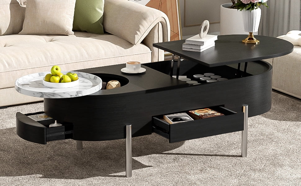 Euroco 47.2''Lift Top Coffee Table with 360-degree Marble-patterned rotating tray,Hidden Compartment, Partially Assembled Wooden Center Table, Modern Oval Lift Tabletop