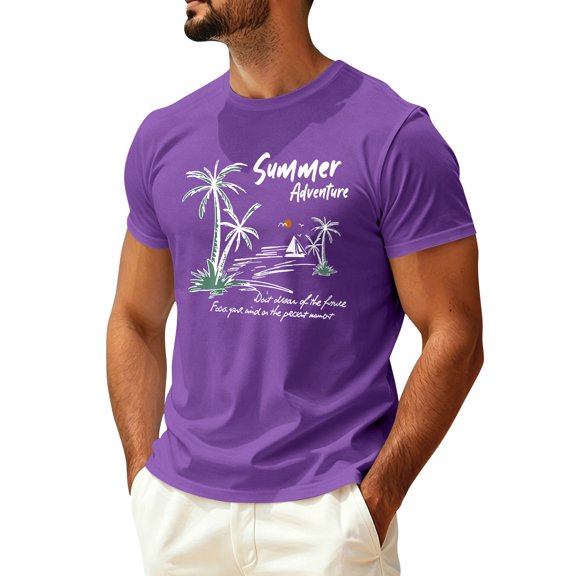 Sewkxo Mens Hawaiian Short Sleeve T-Shirts Graphic Crew Neck Casual Shirt Summer Beach Palm Tree Printed Vintage Tees,Purple M