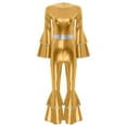 thumbnail image 2 of YiZYiF 70s Disco Costumes for Womens Metallic Shiny Jumpsuits Tiered Flare Sleeve Bell Bottoms Romper Gold XL, 2 of 7