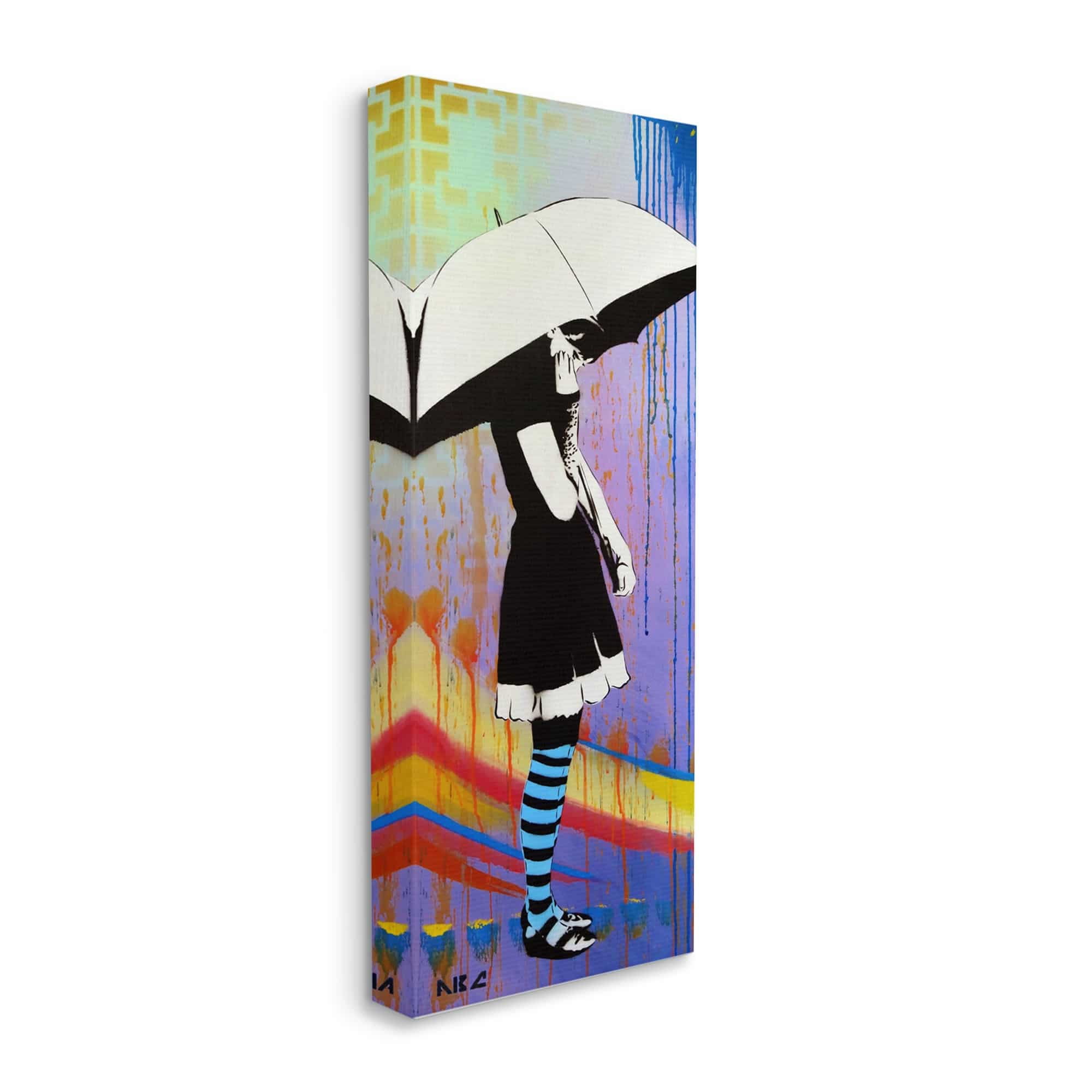 Urban Paint Drip Bold Patterned Girl & Umbrella Abstract Painting Gallery-Wrapped Canvas Print Wall Art