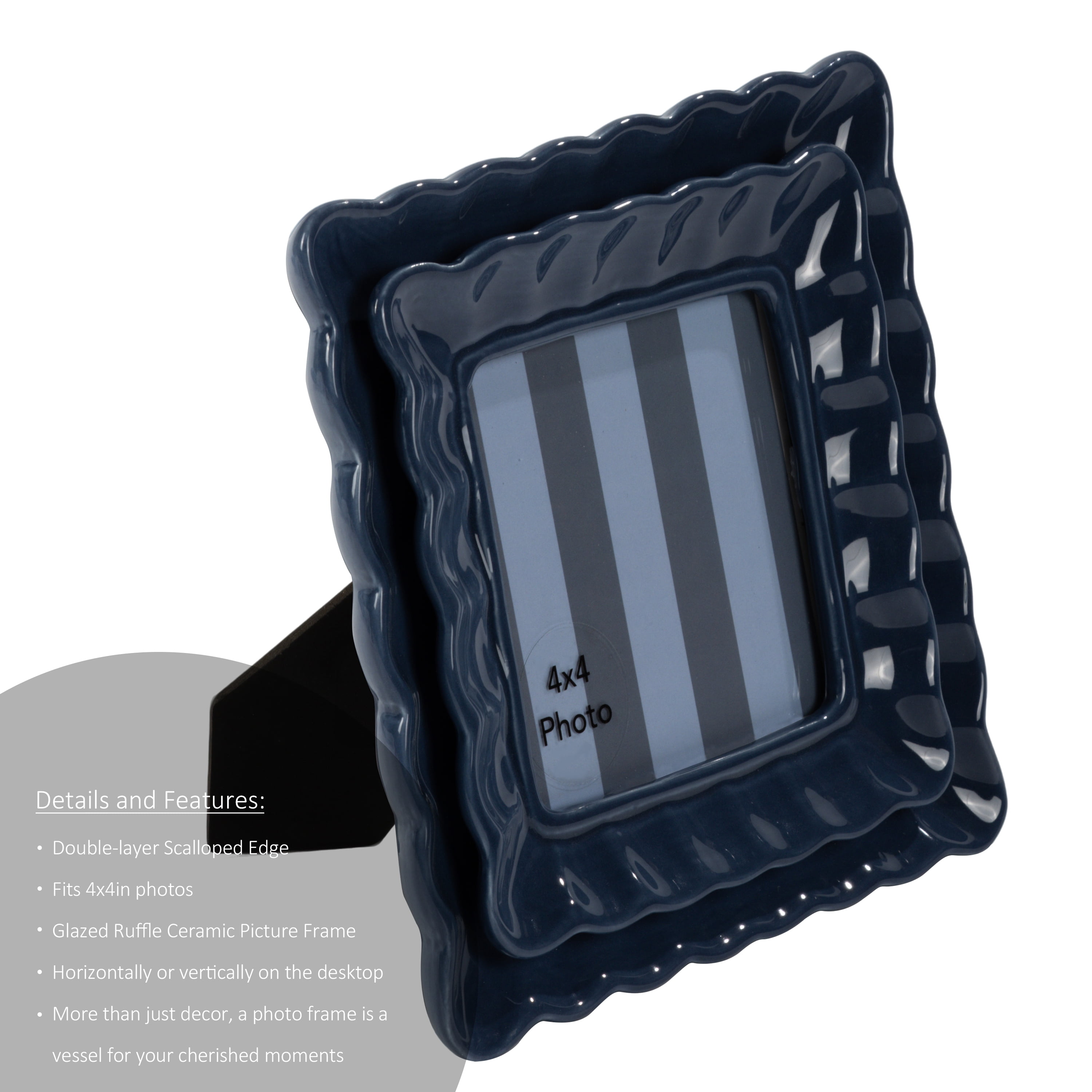 Sterling & Noble Home – 4x4 Picture Frame – Double Ruffle Dark Blue Ceramic Tabletop Photo Frame
