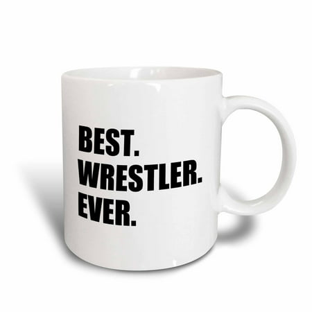 3dRose Best Wrestler Ever, fun wrestling sport gift, black and white text, Ceramic Mug,