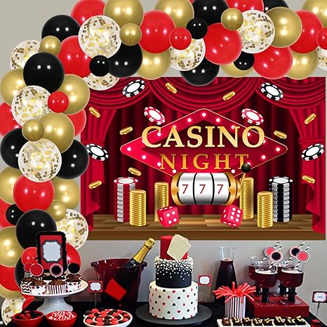 Casino Theme Balloon Arch Garland Kit, Red Black Dice Chips Casino Night Backdrop for Las Vegas Gambling Birthday Bachelorette Party Indoor Outdoor Decorations Supplies