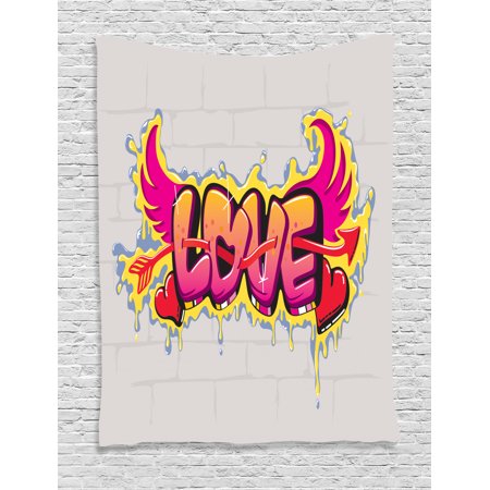 Wall Accessories Living Room Love Decor Wall Hanging Tapestry, Love Lettering On Brick Wall Brushing Dripping Street Art Wings Illustration, Bedroom Living Room Dorm Accessories, By Ambesonne ()