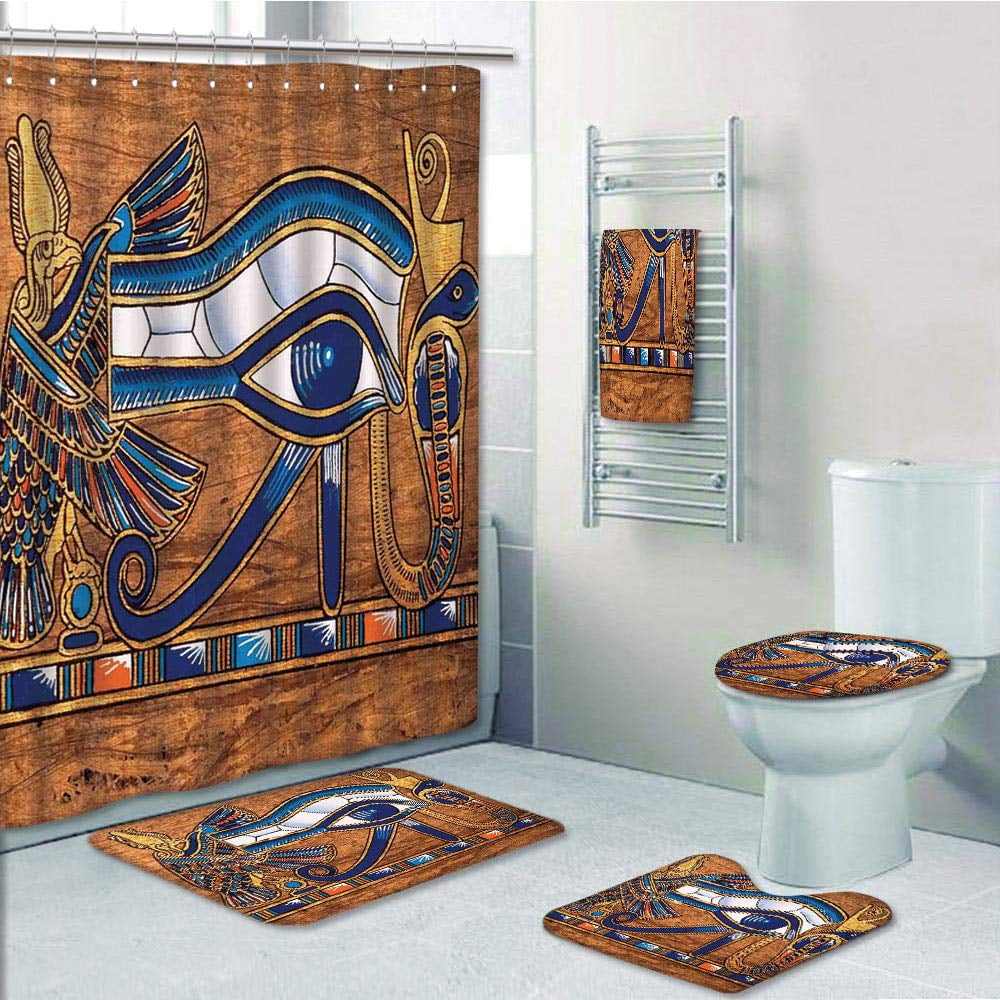 PRTAU Egyptian Egyptian Ancient Papyrus Depicting Horus Eye Mosaic Navy 5 Piece Bathroom Set
