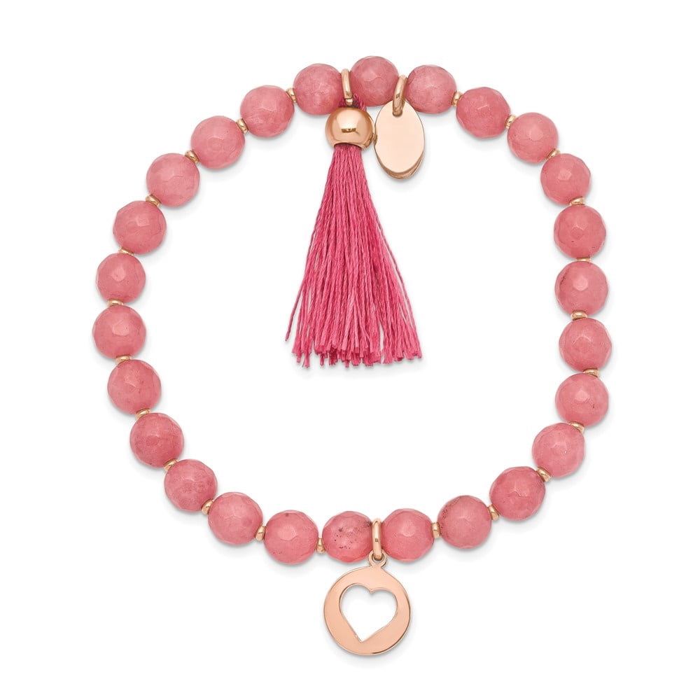 Auriga Fine Jewelry Stainless Steel Rose IP-plated Heart 6mm Pink Jade Beaded Stretch Bracelet with Tassel for Women